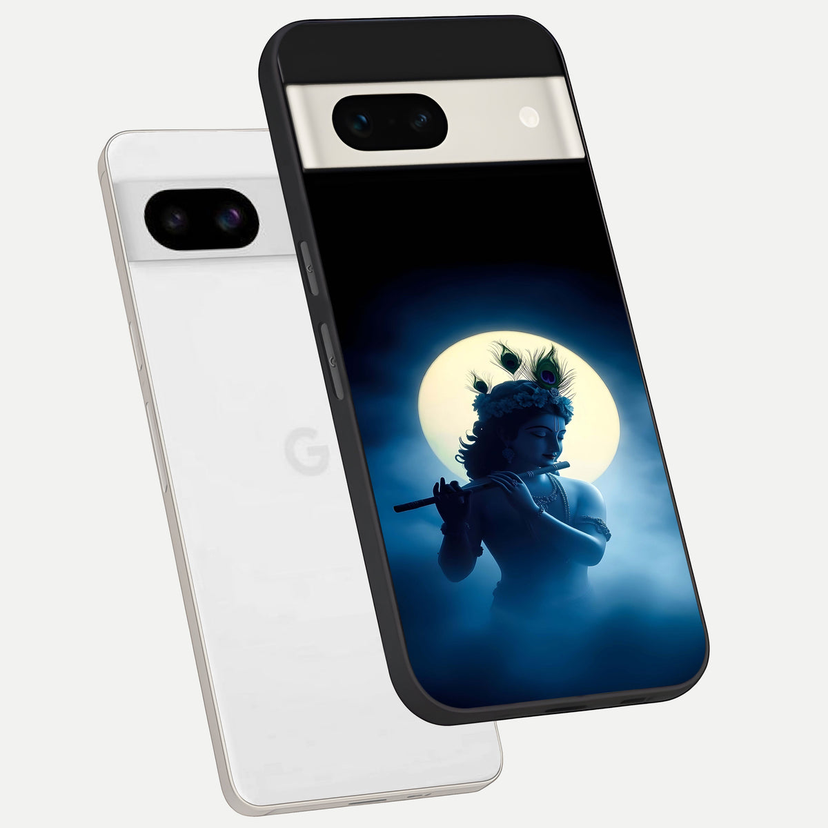  Divine Moon Flute phone case For Google Pixel 7A showing premium glass back cover with detailed artwork