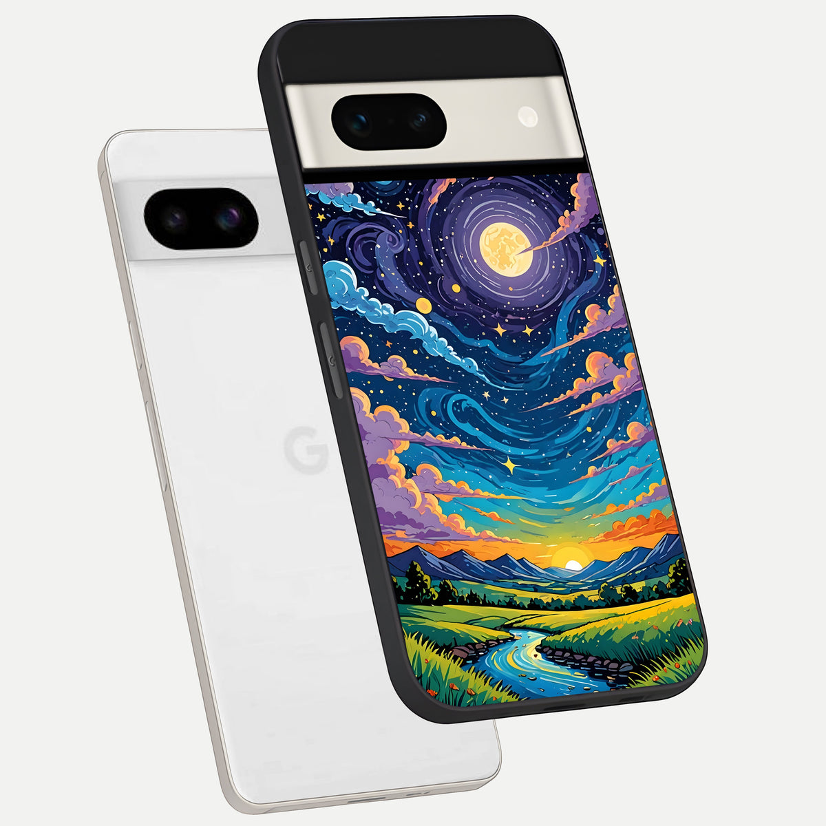  Dreamy Night Landscape phone case For Google Pixel 7A showing premium glass back cover with detailed artwork