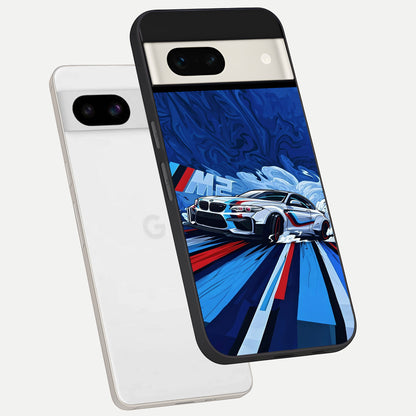  Drift Power Rush phone case For Google Pixel 7A showing premium glass back cover with detailed artwork