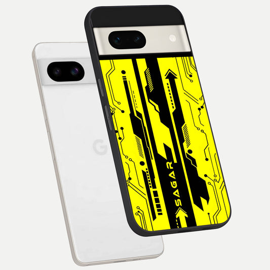  Electric Pulse CYBERPUNK Custom Name phone case For Google Pixel 7A showing premium glass back cover with detailed artwork