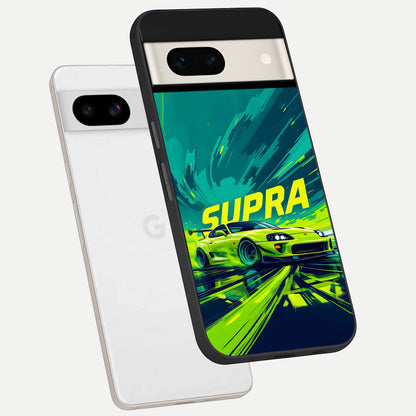  Electric Supra Thunder phone case For Google Pixel 7A showing premium glass back cover with detailed artwork