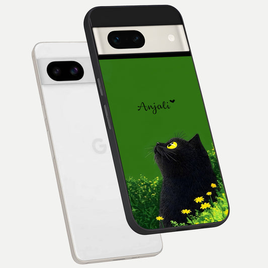  Emerald Cat Custom Name phone case For Google Pixel 7A showing premium glass back cover with detailed artwork