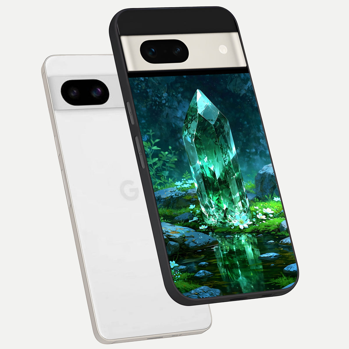  Emerald Light Crystal phone case For Google Pixel 7A showing premium glass back cover with detailed artwork