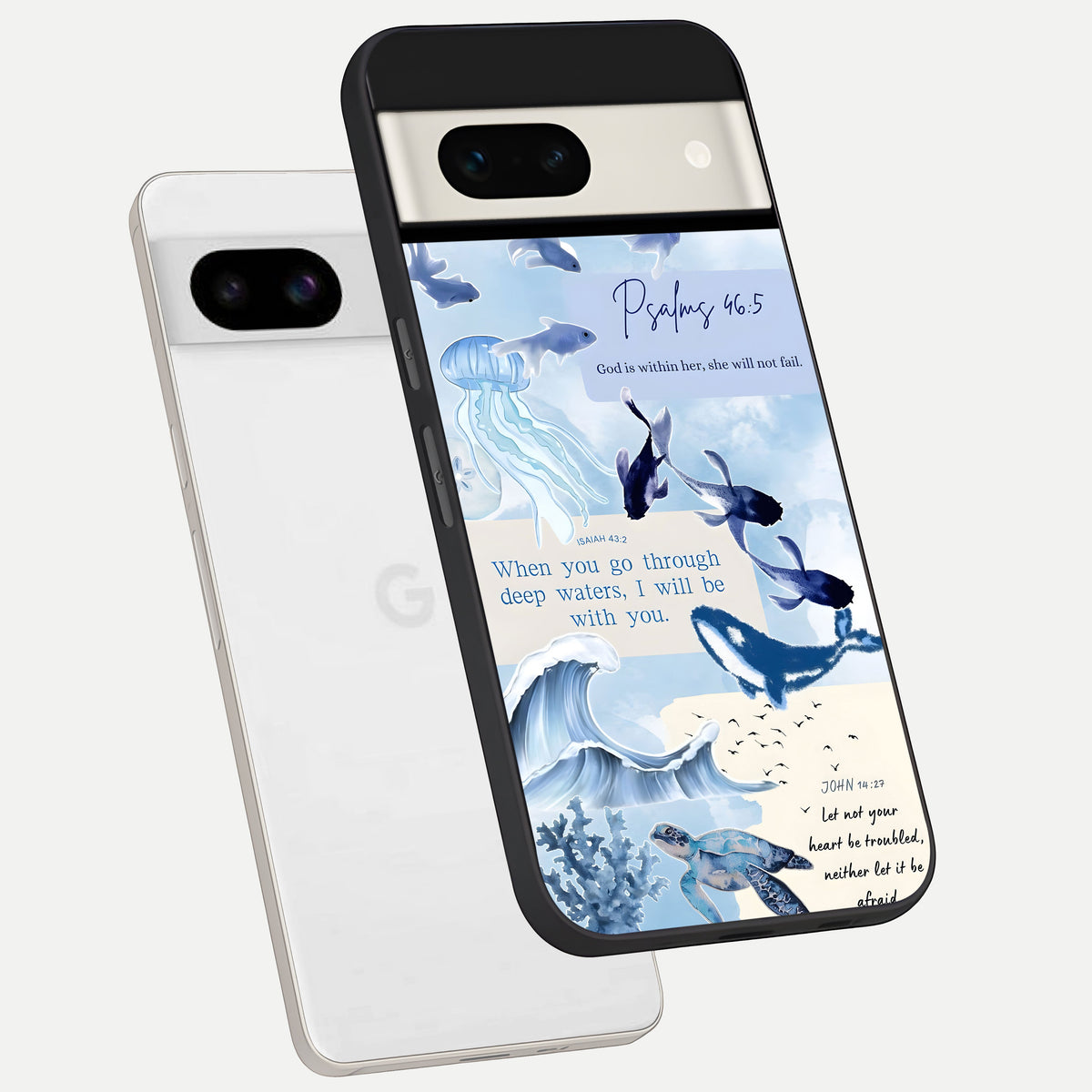  Faithful Ocean Promise phone case For Google Pixel 7A showing premium glass back cover with detailed artwork