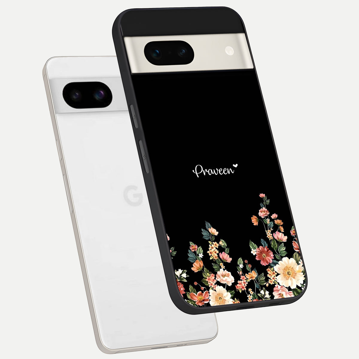  Floral Design Personalized Custom Name phone case For Google Pixel 7A showing premium glass back cover with detailed artwork