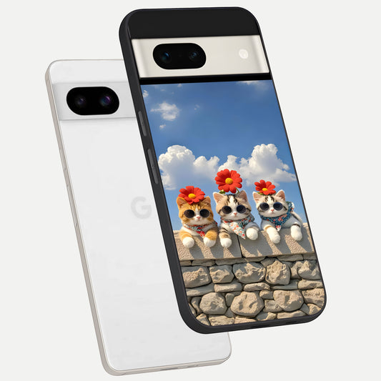  Floral Kitty Squad phone case For Google Pixel 7A showing premium glass back cover with detailed artwork