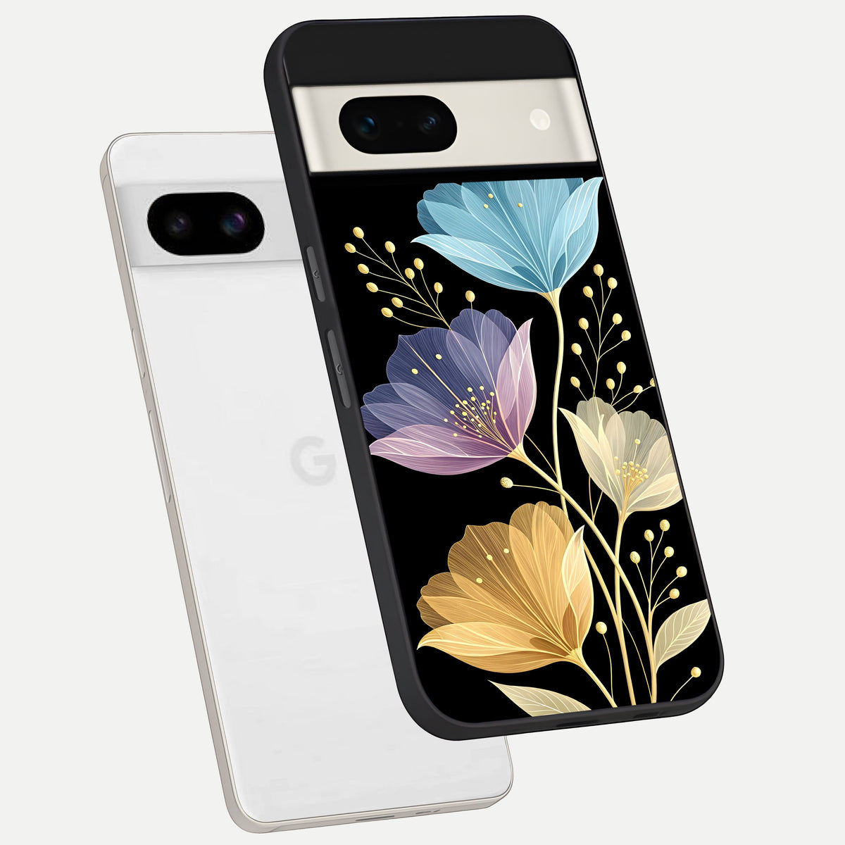  Flower Bloom Glow phone case For Google Pixel 7A showing premium glass back cover with detailed artwork