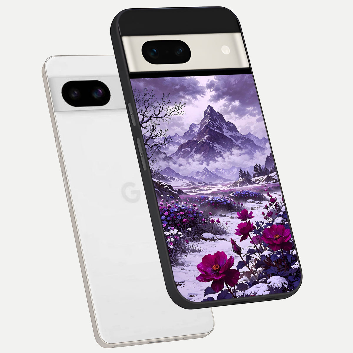  Flower Mountain View phone case For Google Pixel 7A showing premium glass back cover with detailed artwork