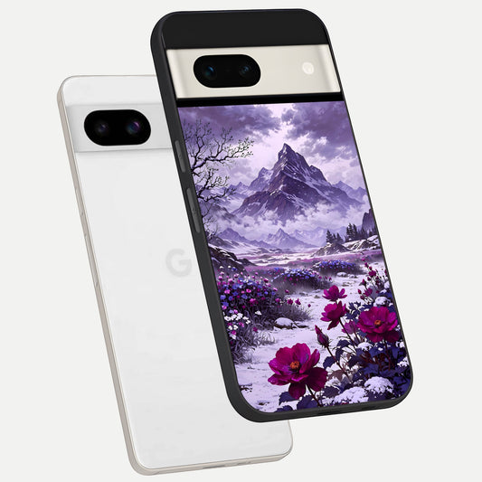  Flower Mountain View phone case For Google Pixel 7A showing premium glass back cover with detailed artwork
