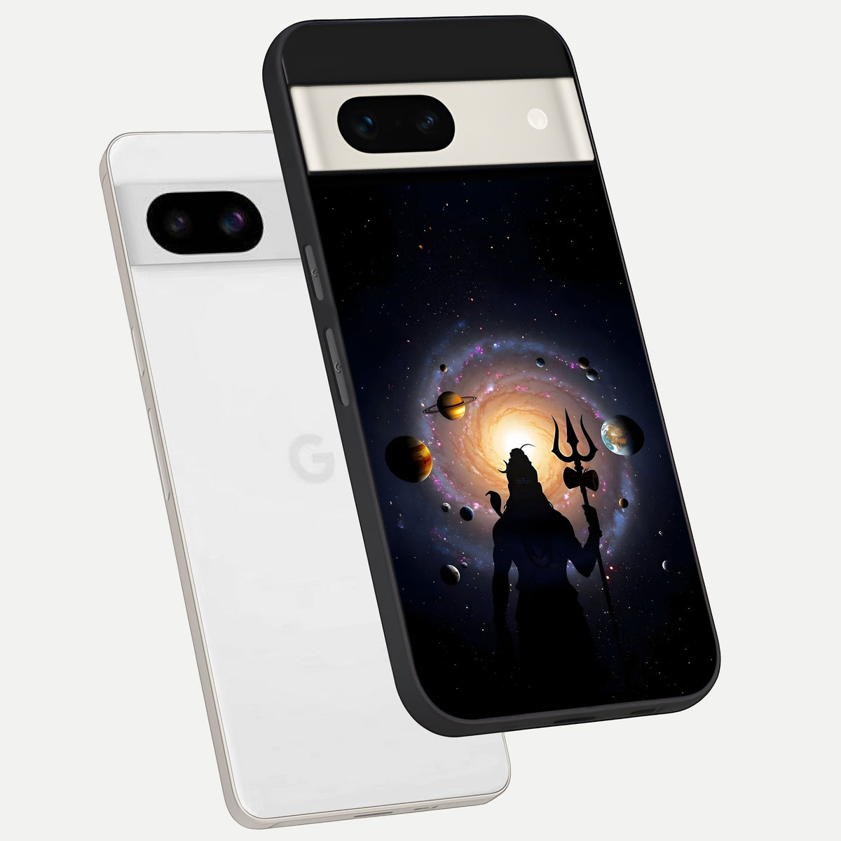  Galactic Shiva Vision phone case For Google Pixel 7A showing premium glass back cover with detailed artwork