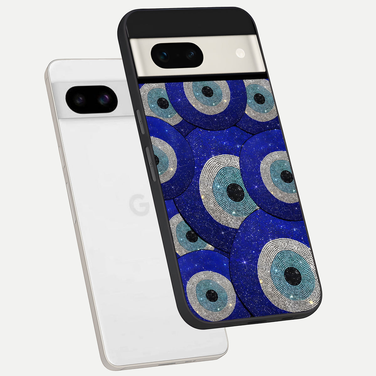  Galaxy Eye Flow phone case For Google Pixel 7A showing premium glass back cover with detailed artwork