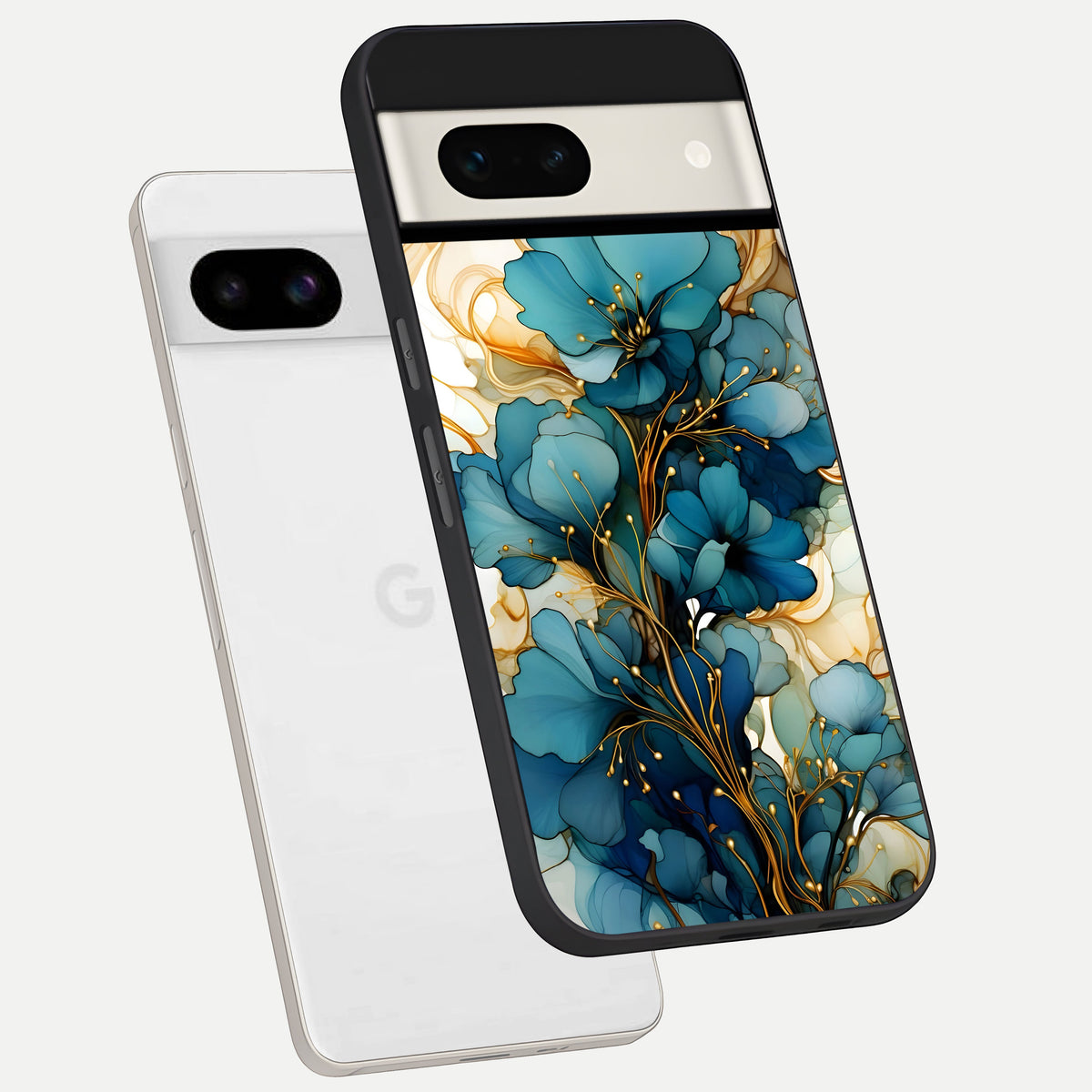  Golden Bloom Symphony phone case For Google Pixel 7A showing premium glass back cover with detailed artwork