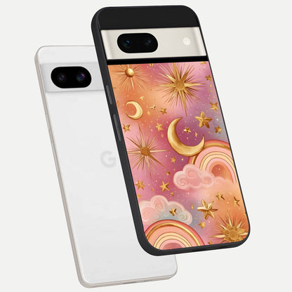  Golden Celestial Dreams phone case For Google Pixel 7A showing premium glass back cover with detailed artwork