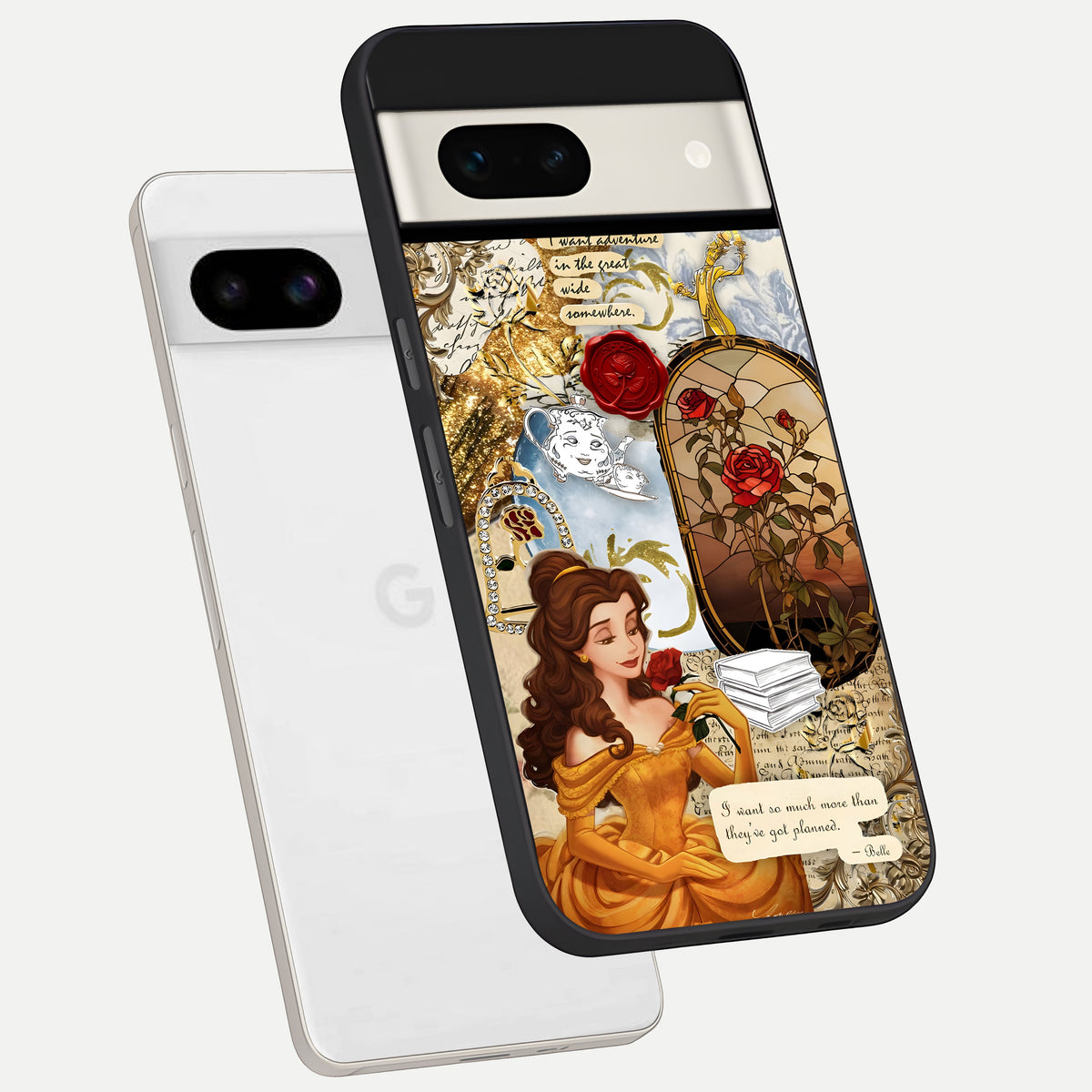  Golden Dream Belle phone case For Google Pixel 7A showing premium glass back cover with detailed artwork