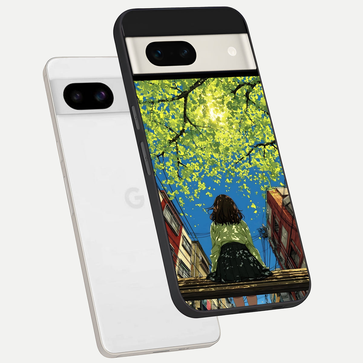  Golden Leaves Glow phone case For Google Pixel 7A showing premium glass back cover with detailed artwork