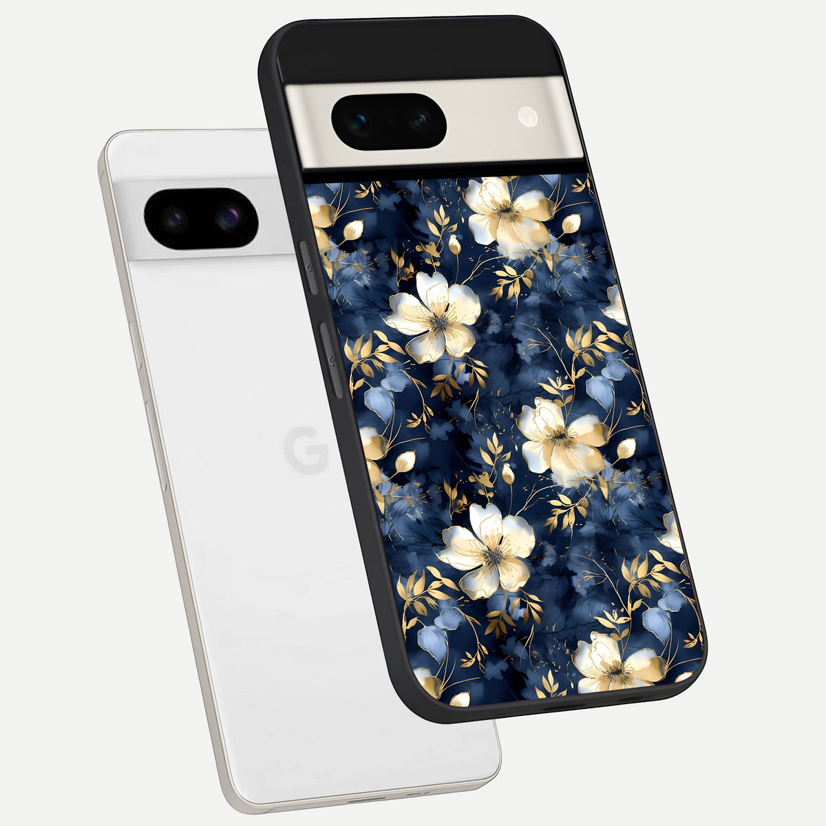  Golden Midnight Bloom phone case For Google Pixel 7A showing premium glass back cover with detailed artwork