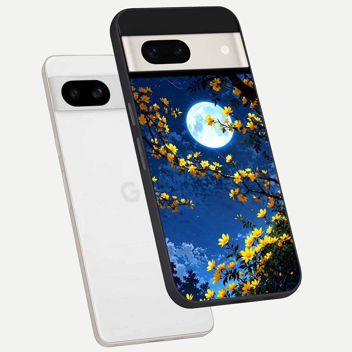  Golden Night Glow phone case For Google Pixel 7A showing premium glass back cover with detailed artwork