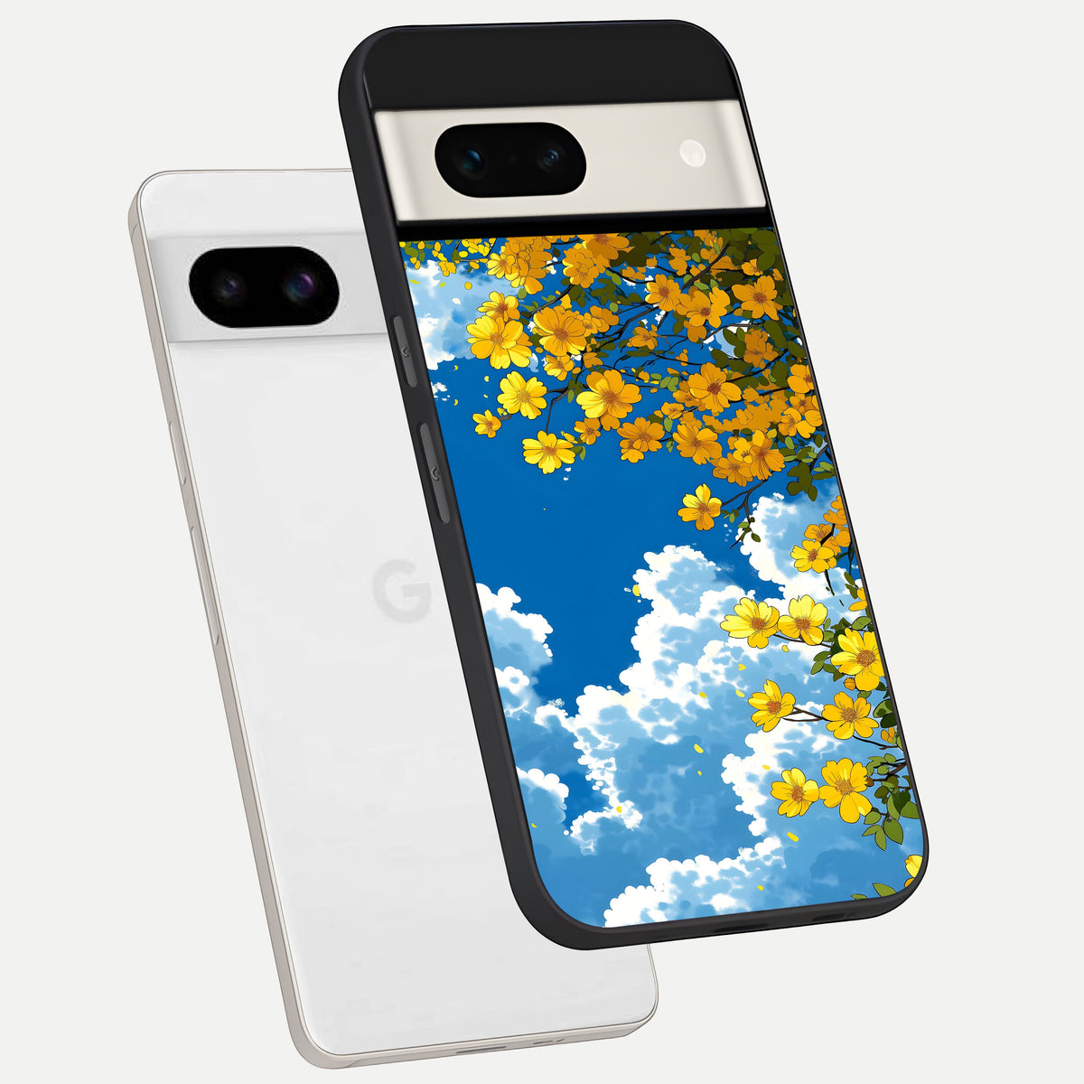  Golden Petal Sky phone case For Google Pixel 7A showing premium glass back cover with detailed artwork