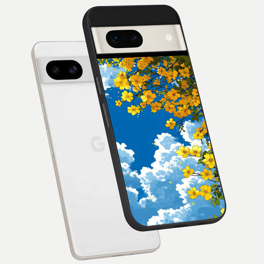  Golden Petal Sky phone case For Google Pixel 7A showing premium glass back cover with detailed artwork