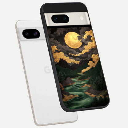  Golden River Moon phone case For Google Pixel 7A showing premium glass back cover with detailed artwork