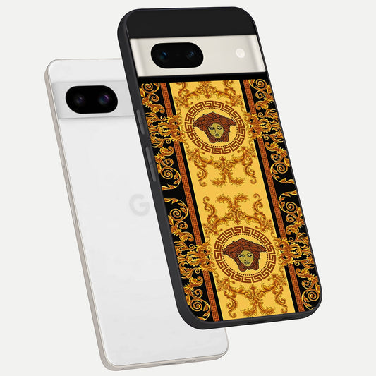  Golden Royal Heritage phone case For Google Pixel 7A showing premium glass back cover with detailed artwork