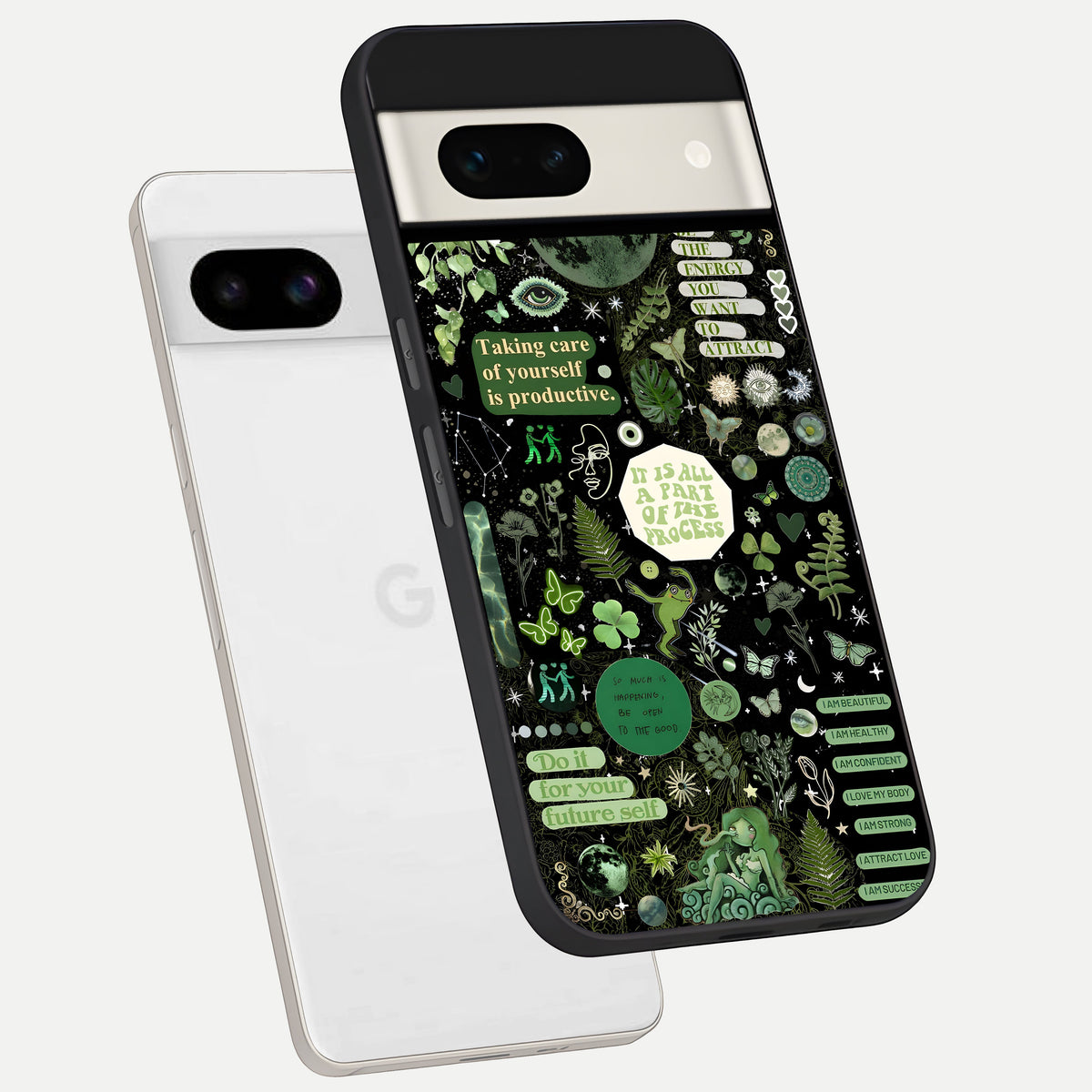  Green Mandala Pattern phone case For Google Pixel 7A showing premium glass back cover with detailed artwork
