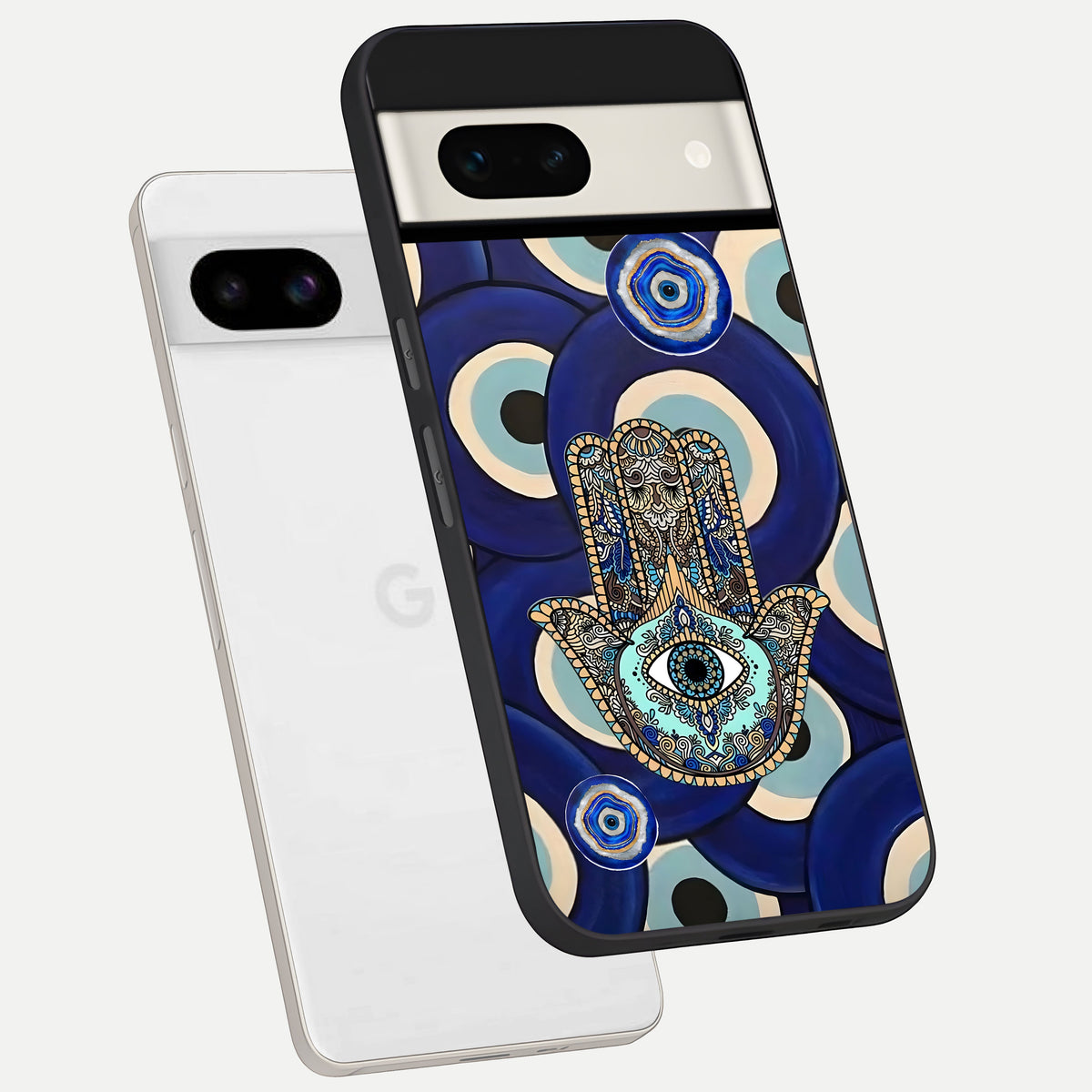  Hamsa Divine Guard phone case For Google Pixel 7A showing premium glass back cover with detailed artwork