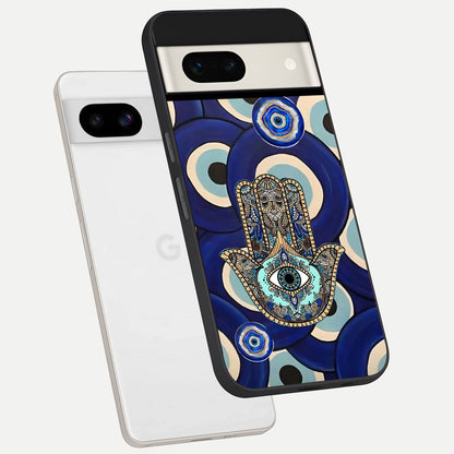  Hamsa Divine Guard phone case For Google Pixel 7A showing premium glass back cover with detailed artwork