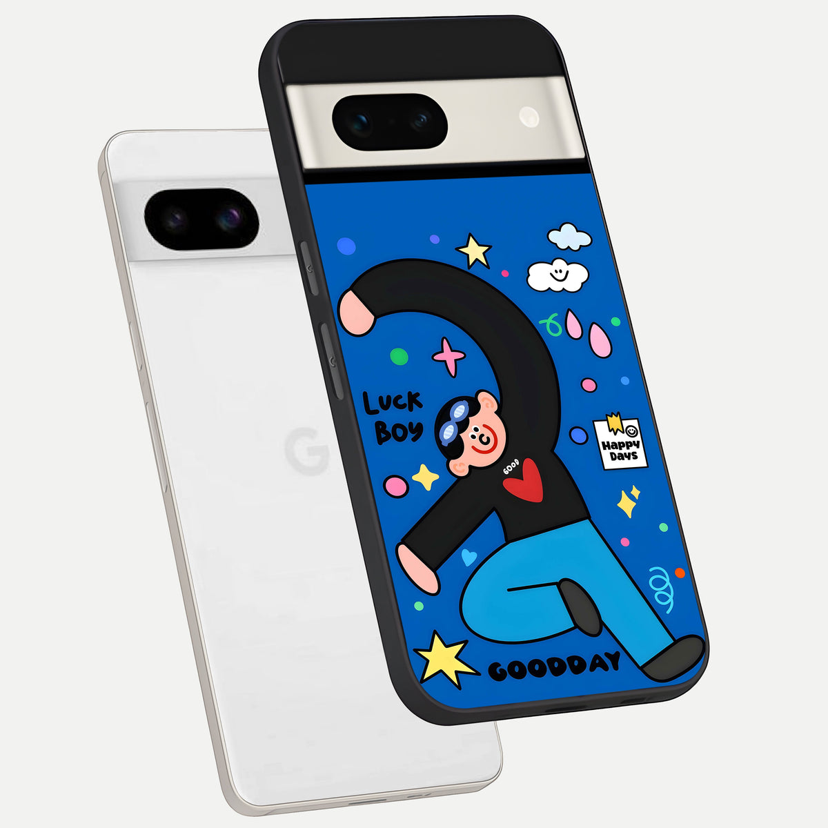  Happy Luck Vibe phone case For Google Pixel 7A showing premium glass back cover with detailed artwork