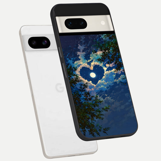  Heart With Moon Sky phone case For Google Pixel 7A showing premium glass back cover with detailed artwork