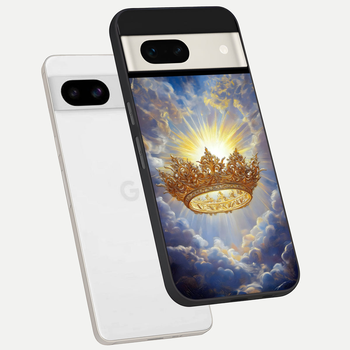  Heavenly Crown Light phone case For Google Pixel 7A showing premium glass back cover with detailed artwork
