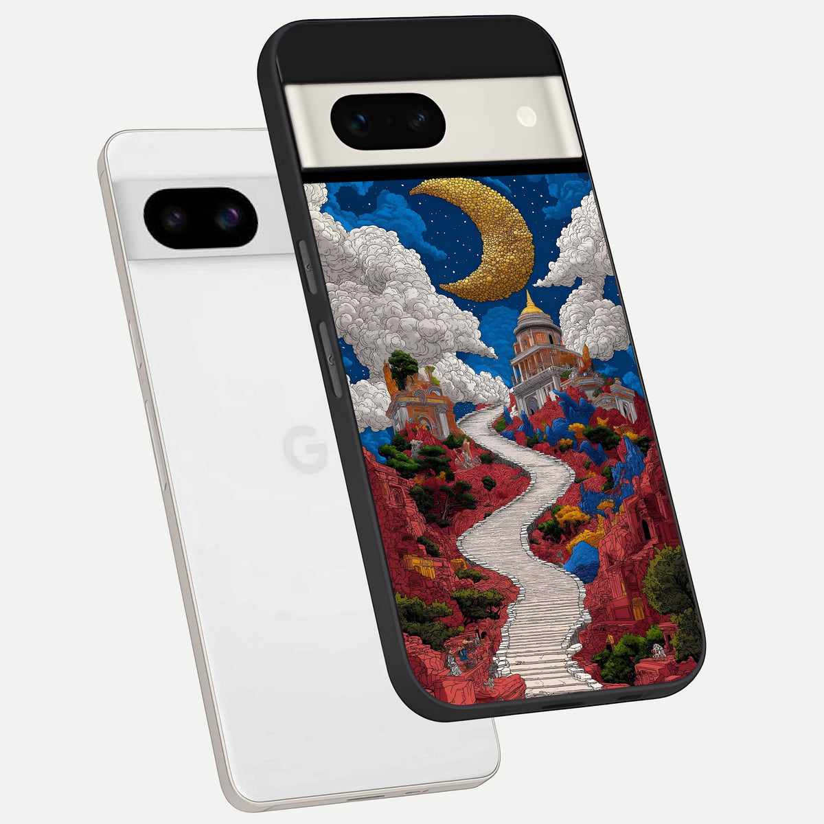  Heavenly Moon Path phone case For Google Pixel 7A showing premium glass back cover with detailed artwork