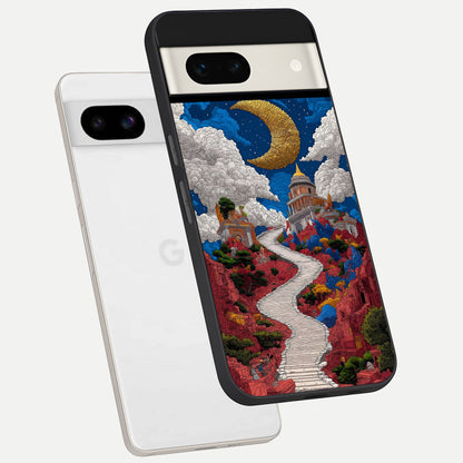  Heavenly Moon Path phone case For Google Pixel 7A showing premium glass back cover with detailed artwork