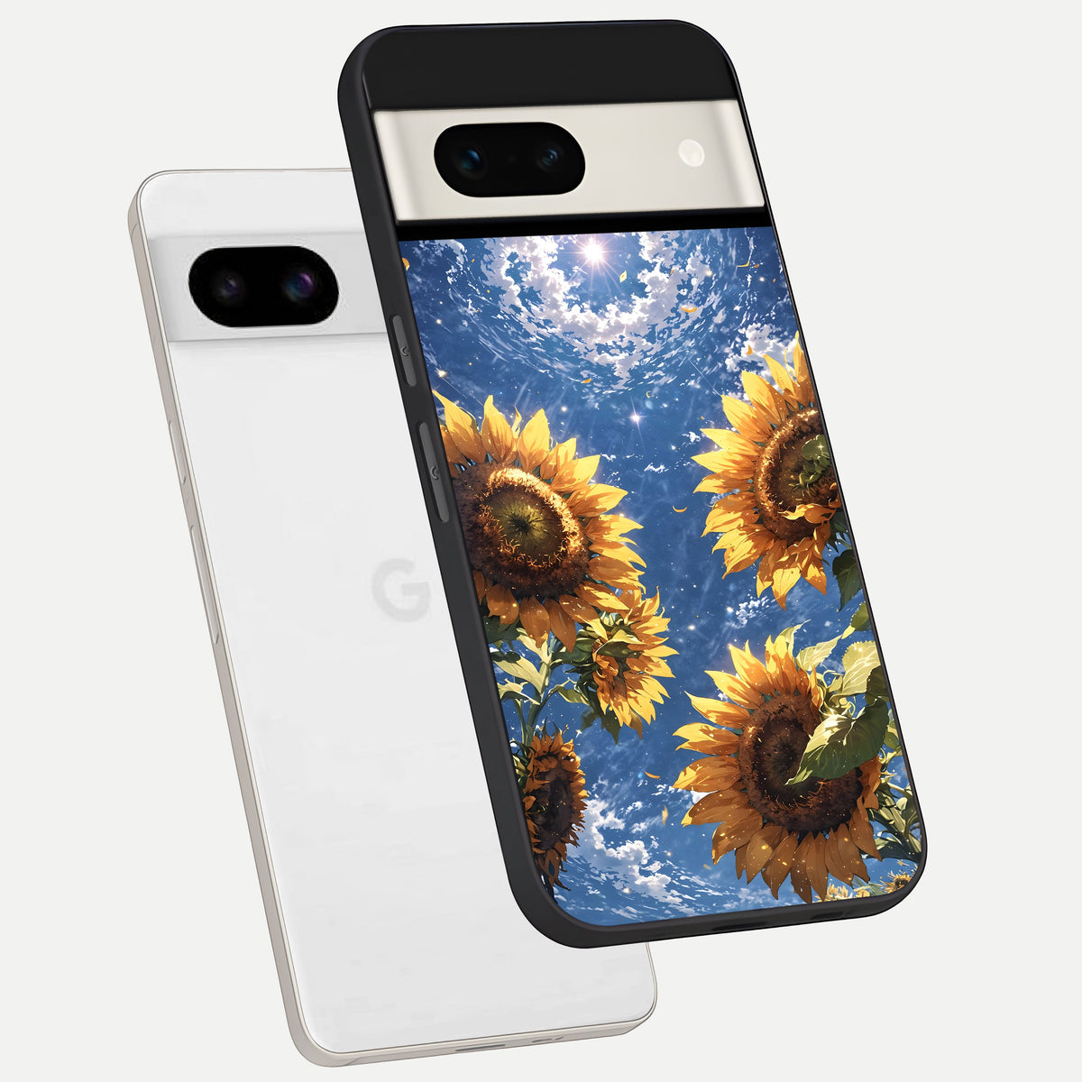  Heavenly Sunflower Rise phone case For Google Pixel 7A showing premium glass back cover with detailed artwork