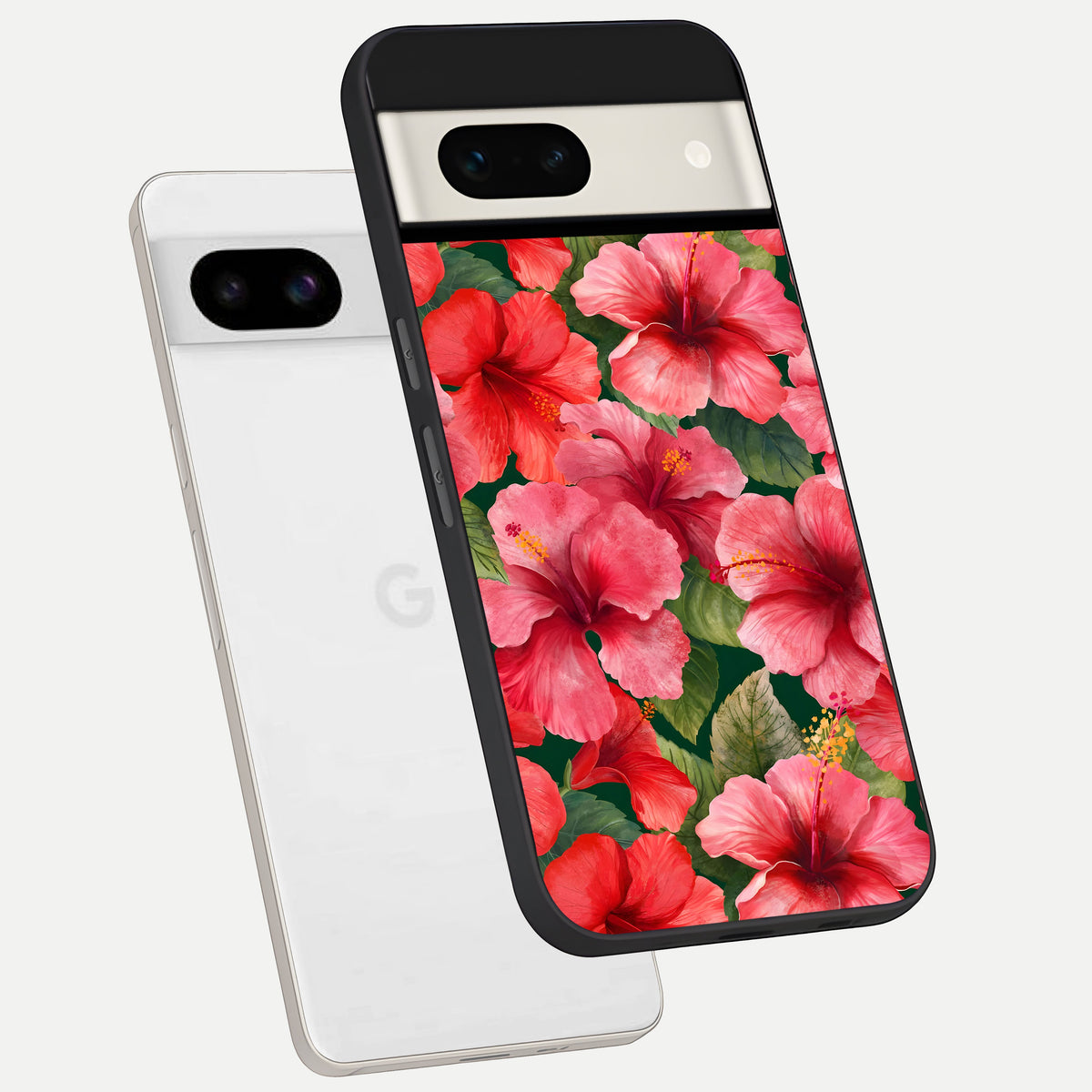  Hibiscus Pattern phone case For Google Pixel 7A showing premium glass back cover with detailed artwork