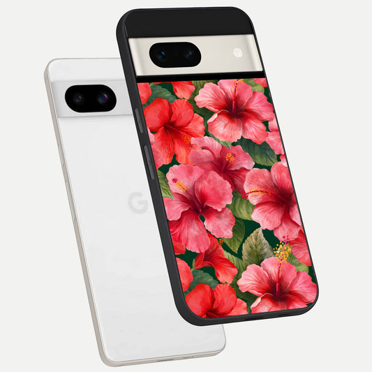  Hibiscus Pattern phone case For Google Pixel 7A showing premium glass back cover with detailed artwork