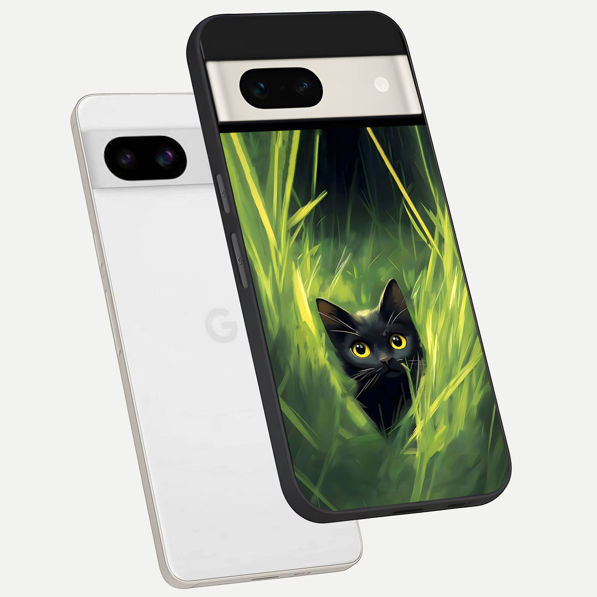  Hidden Cat Whisper phone case For Google Pixel 7A showing premium glass back cover with detailed artwork
