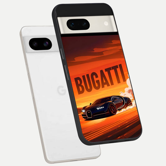  Inferno Bugatti Storm phone case For Google Pixel 7A showing premium glass back cover with detailed artwork