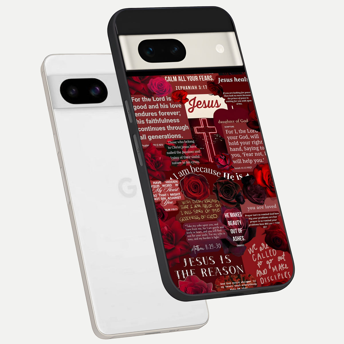  Jesus Love Heals phone case For Google Pixel 7A showing premium glass back cover with detailed artwork