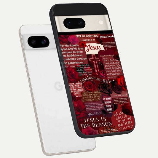  Jesus Love Heals phone case For Google Pixel 7A showing premium glass back cover with detailed artwork