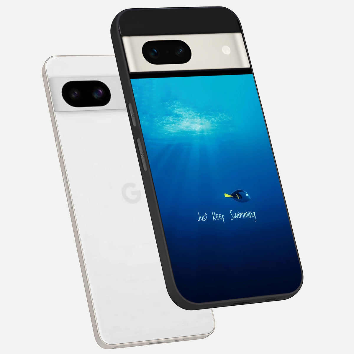  Just Keep Swimming phone case For Google Pixel 7A showing premium glass back cover with detailed artwork