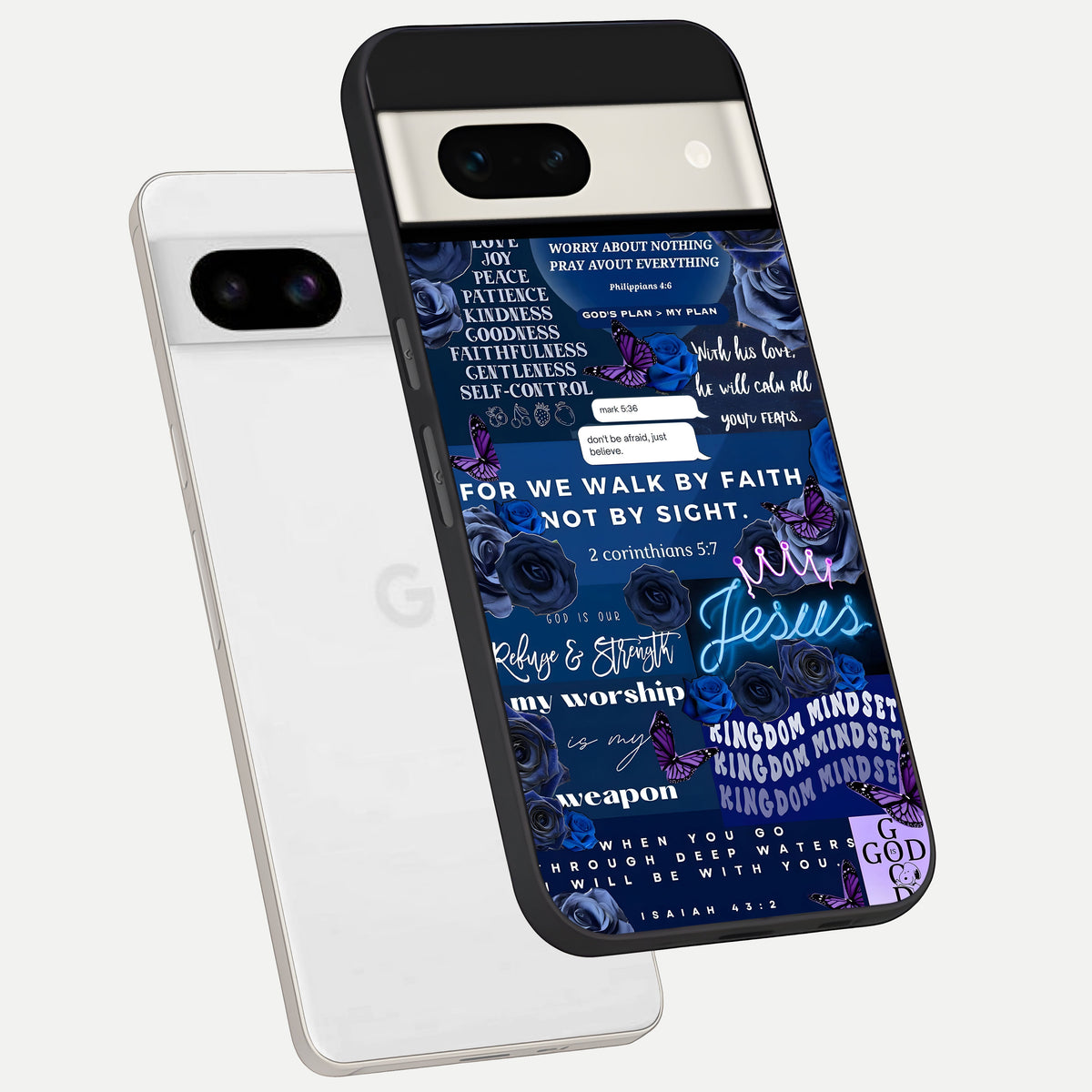  Kingdom Faith Glow phone case For Google Pixel 7A showing premium glass back cover with detailed artwork