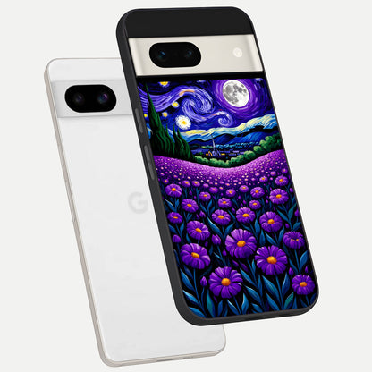  Lavender Moon Field phone case For Google Pixel 7A showing premium glass back cover with detailed artwork