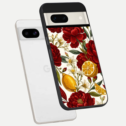  Lemon Rose Charm phone case For Google Pixel 7A showing premium glass back cover with detailed artwork