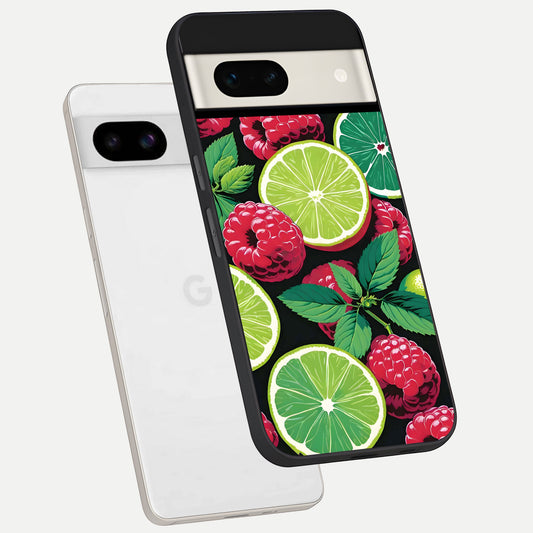  Lime and Raspberry Pattern phone case For Google Pixel 7A showing premium glass back cover with detailed artwork