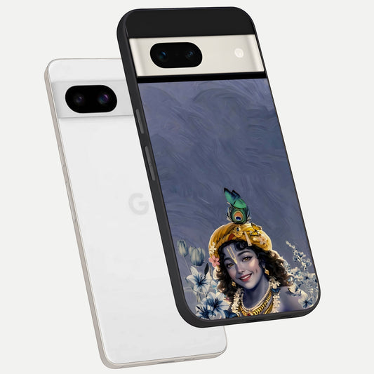  Lord Krishna phone case For Google Pixel 7A showing premium glass back cover with detailed artwork