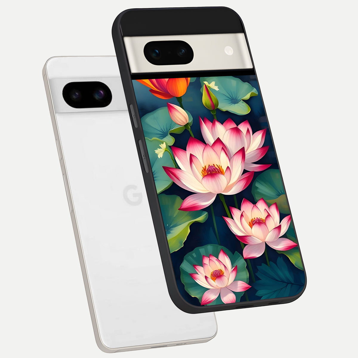  Lotus Dream Serenity phone case For Google Pixel 7A showing premium glass back cover with detailed artwork