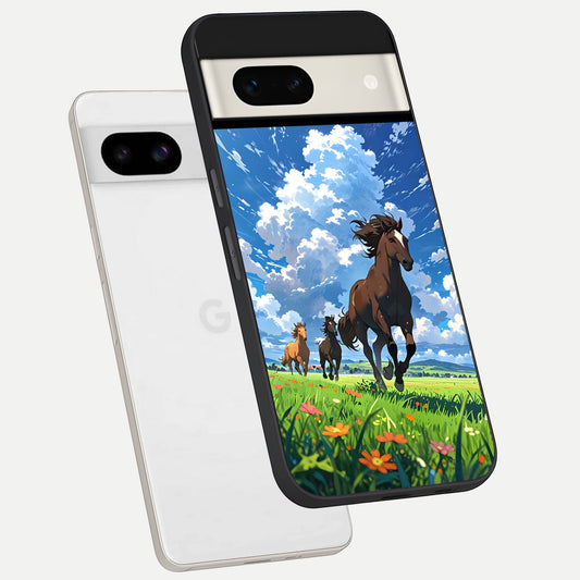  Majestic Horses Galloping phone case For Google Pixel 7A showing premium glass back cover with detailed artwork
