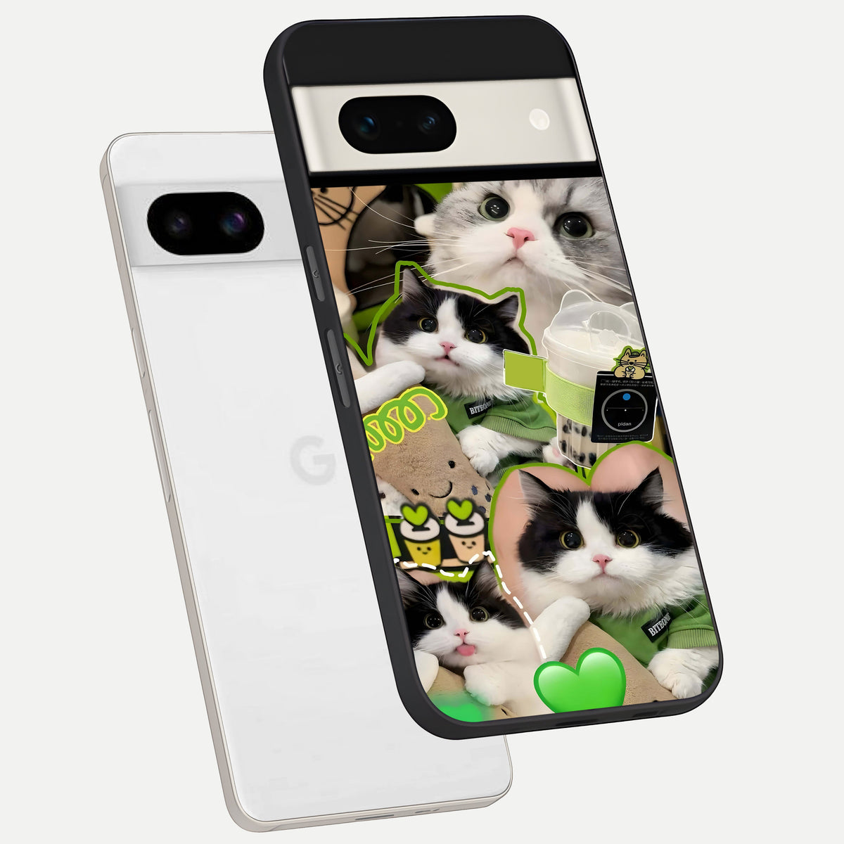  Matcha Cats Mood phone case For Google Pixel 7A showing premium glass back cover with detailed artwork