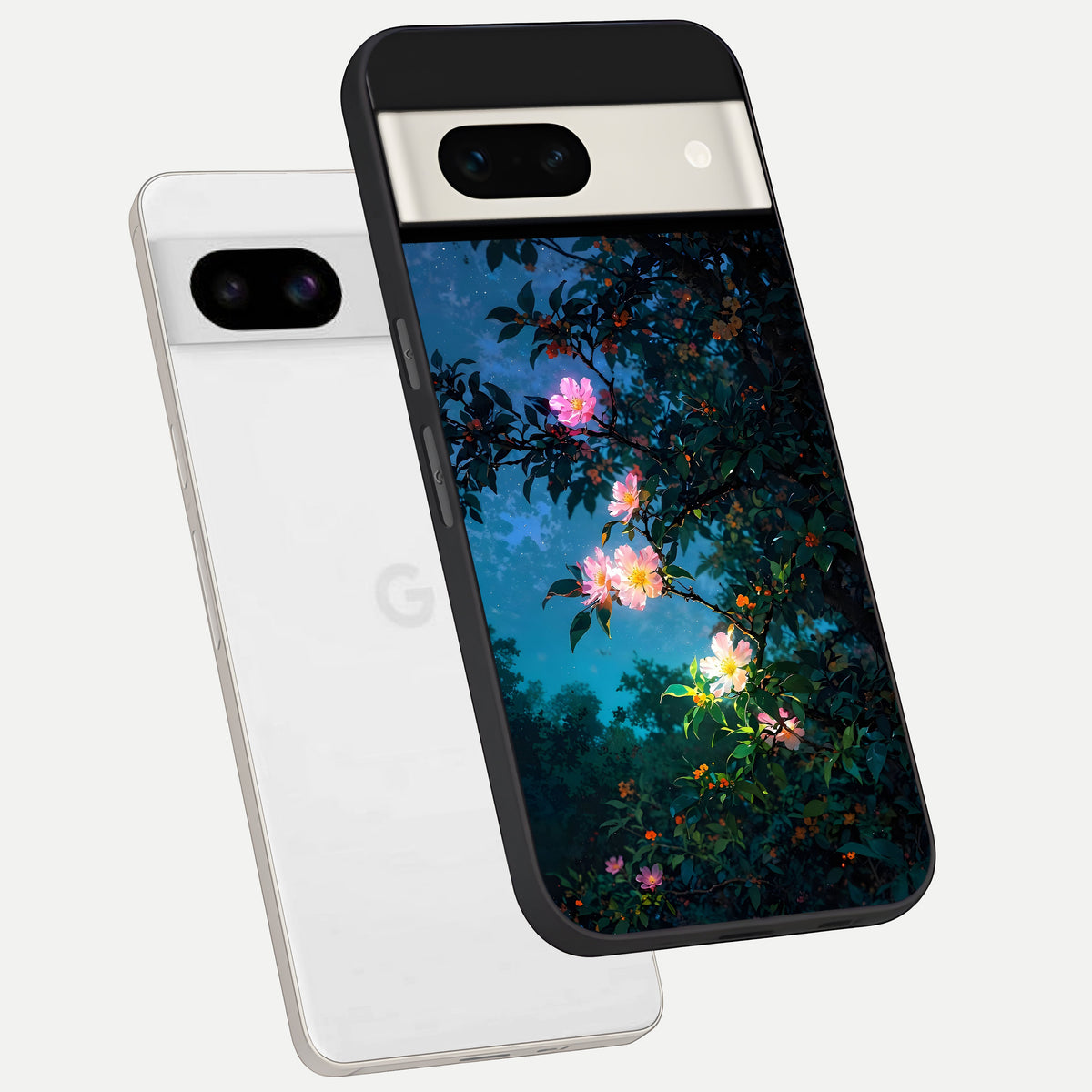  Midnight Bloom Glow phone case For Google Pixel 7A showing premium glass back cover with detailed artwork